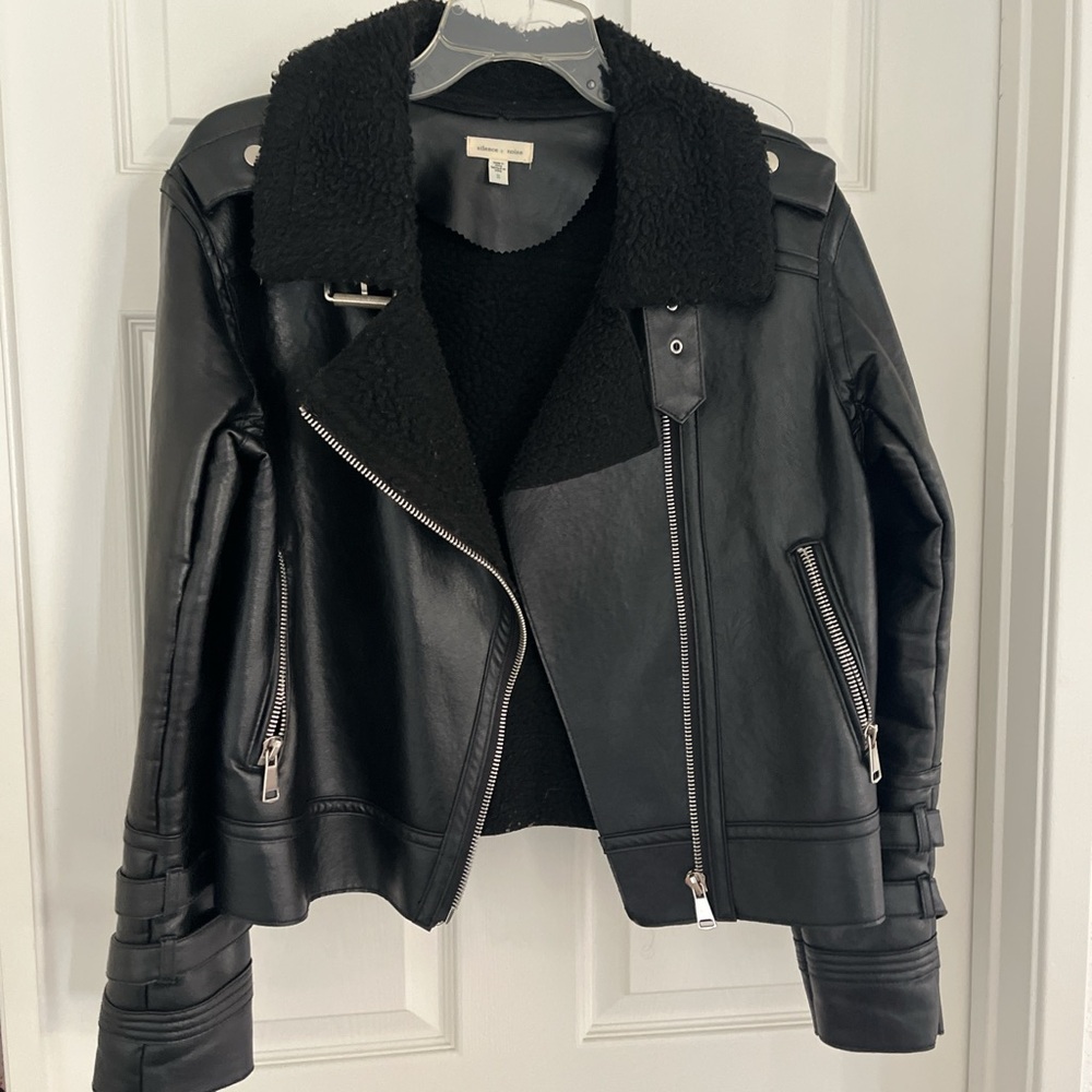 Silence + Noise Black Leather Jacket with Shearling Collar